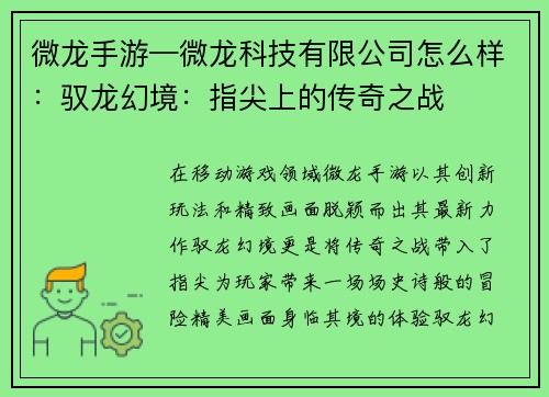 微龙手游—微龙科技有限公司怎么样：驭龙幻境：指尖上的传奇之战